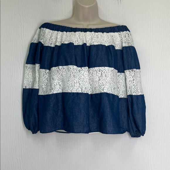 English Factory - Blue And White Lace Stripe Off The Shoulder Blouse Size Small - Picture 2 of 10